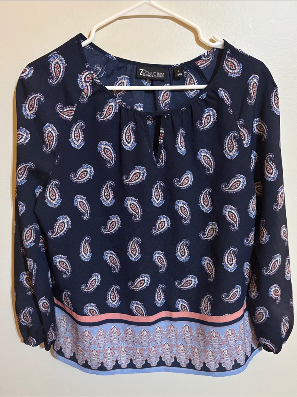 7th Avenue Design Studio Navy Paisley Border-Trim Long-Sleeve Blouse